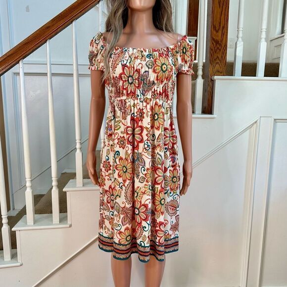 Dressbarn whimsical flower off shoulder dress - Picture 1 of 9